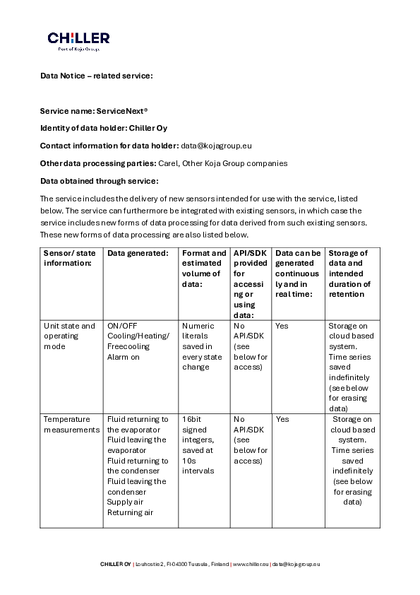 Chiller Data Notice ServiceNext