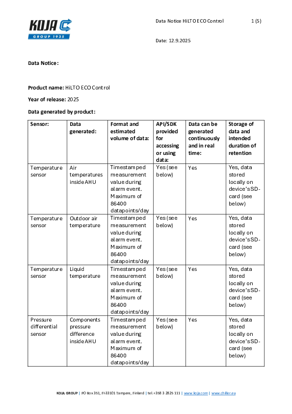 Koja Data Notice HiLTO ECO Control
